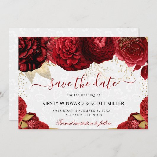Hochzeit von Aquarellrot und Gold-Blume Save The Date (Vorne/Hinten)