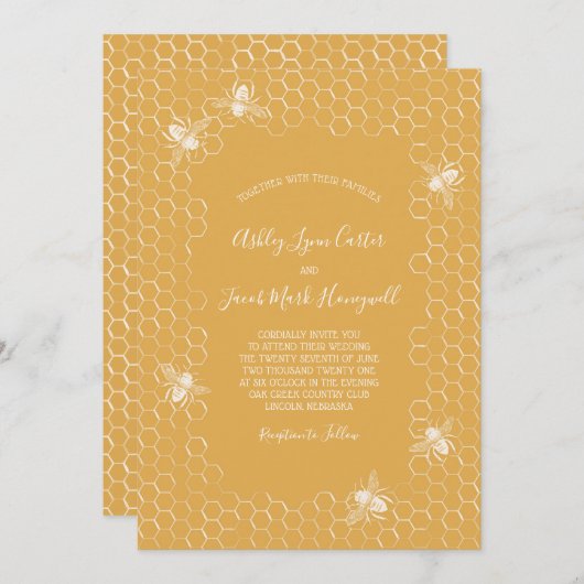 Hochzeit von Bienen und Golden Honeycomb Einladung (Vorne/Hinten)