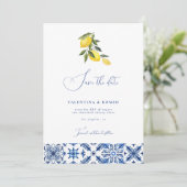 Hochzeit von Blauem Mittelmeer-Zitrusfrüchten rett Einladung (Stehend Vorderseite)