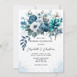 Hochzeit von Blauem und Aquamarinem Peony Glitzer Einladung
