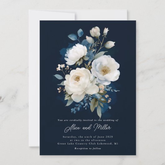 Hochzeit von Blauem und Weißem Peony Einladung (Vorderseite)