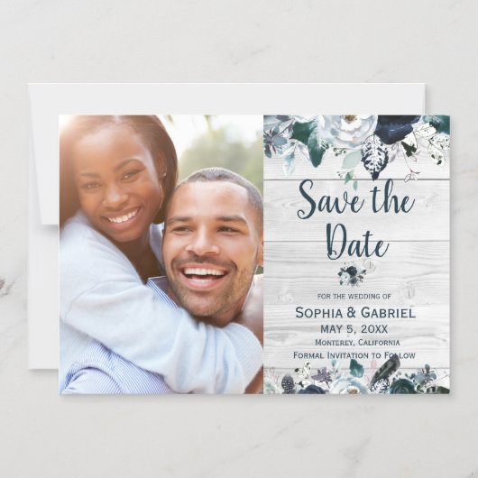 Hochzeit von blauem, weißem, blumengeschmücktem Na Magneteinladung (Vorderseite)