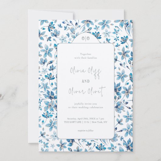 Hochzeit von Blauen Blumen Einladung (Vorderseite)