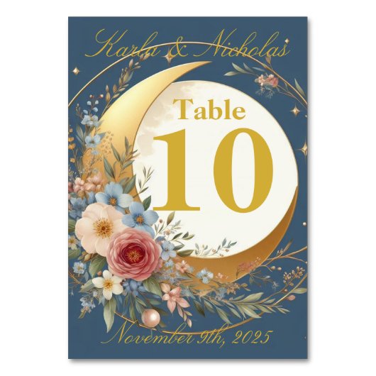 Hochzeit von Blauen und Goldblumen Tischnummer (Vorderseite)