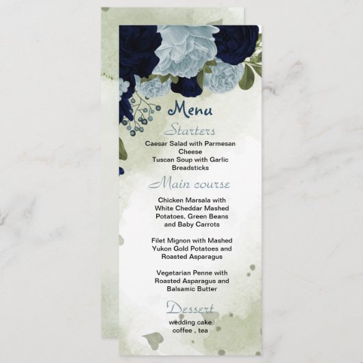Hochzeit von blauen und marinösen Blumen Menükarte (Vorne/Hinten)