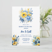 Hochzeit von blaugelbgestrichenen blumengelben Gol Einladung (Stehend Vorderseite)