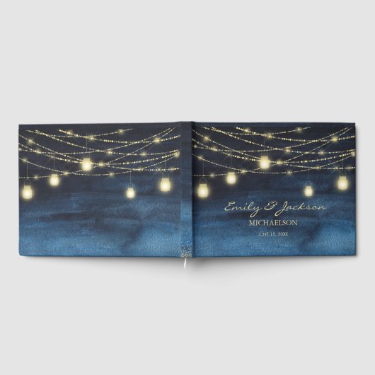 Hochzeit von Blue Gold Glitzer String Lights Gästebuch (Voll)