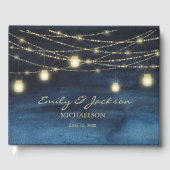 Hochzeit von Blue Gold Glitzer String Lights Gästebuch (Vorderseite)
