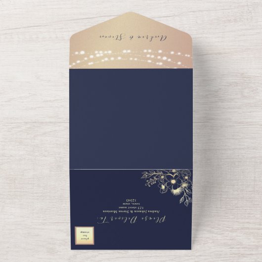 Hochzeit von Blue Gold String Lights All In One Einladung (Außenbereich)