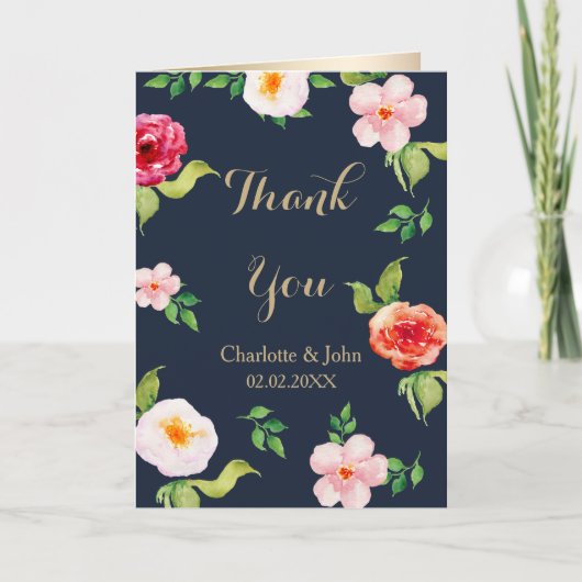 Hochzeit von Blume in Marine und Goldmedaille Dankeskarte (Vorderseite)