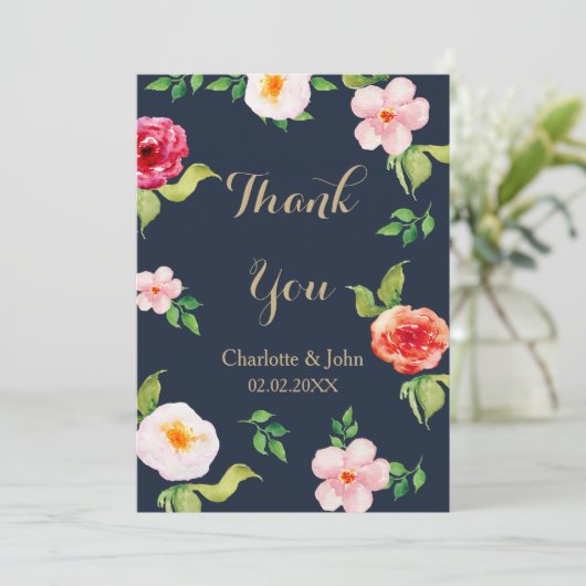 Hochzeit von Blume in Marine und Goldmedaille Einladung (Stehend Vorderseite)