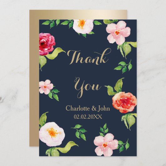 Hochzeit von Blume in Marine und Goldmedaille Einladung (Vorne/Hinten)