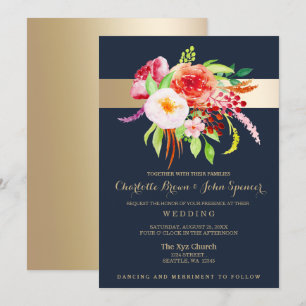 Hochzeit von Blume in Marine und Goldmedaille Einladung