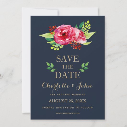 Hochzeit von Blume in Marine und Goldmedaille Save The Date (Vorderseite)