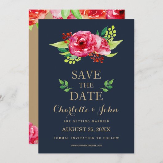 Hochzeit von Blume in Marine und Goldmedaille Save The Date (Vorne/Hinten)