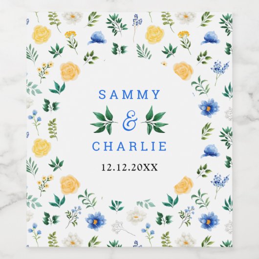 Hochzeit von Blumen und Gelben Weinetikett (Einzelnes Label)