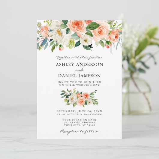 Hochzeit von Blumenkorallen Einladung (Stehend Vorderseite)