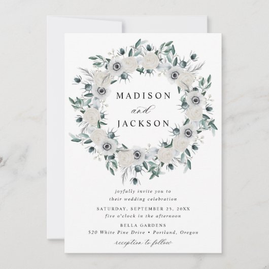 Hochzeit von Blumenkraut mit weißen Anemonen und R Einladung (Vorderseite)