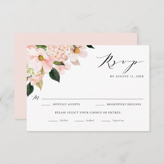 Hochzeit von Blush Pink Magnolias und Hydrangeas RSVP Karte (Vorne/Hinten)