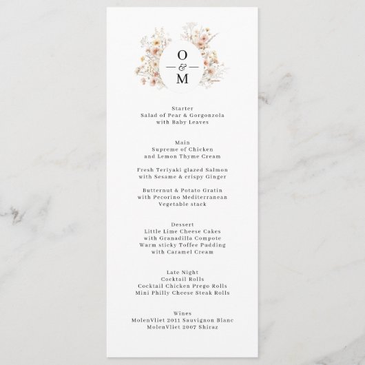 Hochzeit von Bohemischen Wildblumen Wreath Monogra Menükarte (Vorderseite)