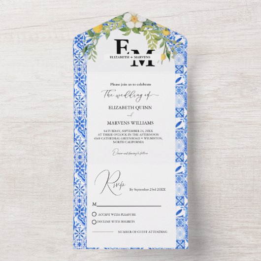 Hochzeit von Boho Blue tile und Lemon Arch All In One Einladung (Innen Boden)