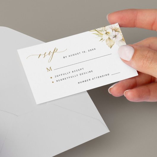 Hochzeit von Boho-Tropen-Orhid-Gold-Drehbuch Mitteilungskarte