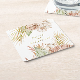 Hochzeit von Boho Tropical Floral und Palm Rechteckiger Pappuntersetzer