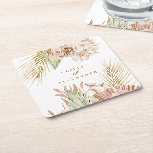 Hochzeit von Boho Tropical Floral und Palm Rechteckiger Pappuntersetzer (angewinkelt)