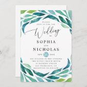 Hochzeit von botanischem Blattwerk in Aquarell Einladung (Vorne/Hinten)
