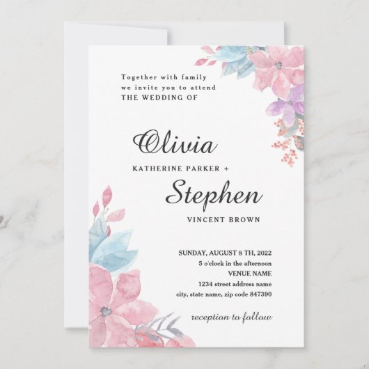 Hochzeit von botanischem Blumen in Aquarellfarbe. Einladung (Vorderseite)