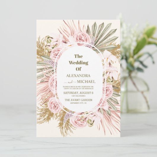 Hochzeit von braunem Weiß und Pampas Einladung (Stehend Vorderseite)