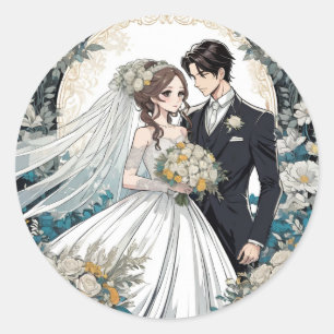 Hochzeit von Braut und Groom Anime Runder Aufkleber