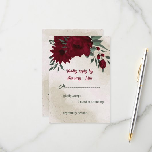 Hochzeit von Burgund Blume RSVP Karte (Vorderseite/Rückseite Beispiel)