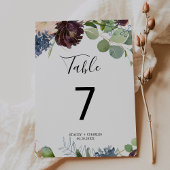 Hochzeit von Burgund Blumen und Grünpflanzen Tischnummer