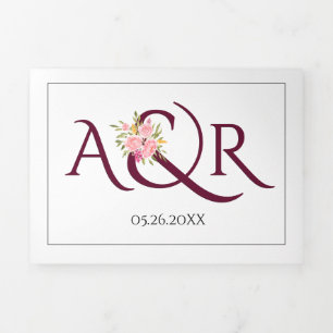 Hochzeit von Burgund-Initialen und Ampero-Rosen Dreifach Gefaltete Einladung