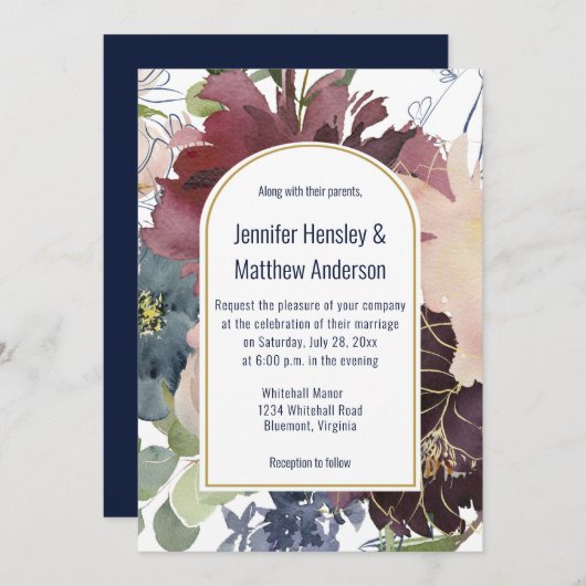 Hochzeit von Burgund, Marine, Rose und Goldflora | Einladung (Vorne/Hinten)