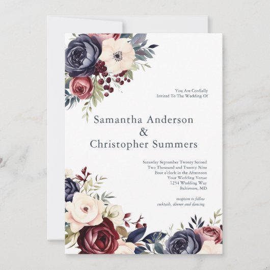 Hochzeit von Burgund-Marineblacht Einladung (Vorderseite)