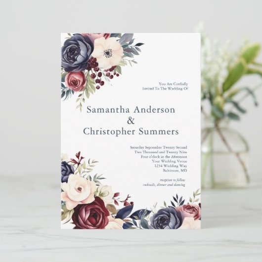 Hochzeit von Burgund-Marineblacht Einladung (Stehend Vorderseite)