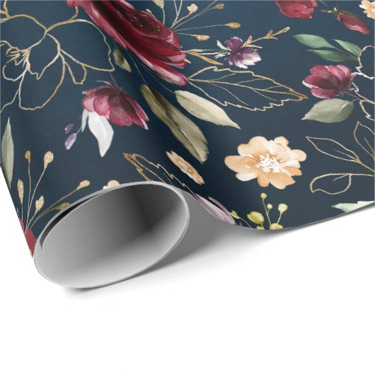 Hochzeit von Burgund Navy Blush Floral Geschenkpapier (Rolleneckpunkt)