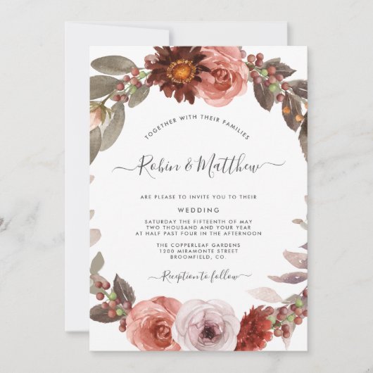 Hochzeit von Burgund und Blütenblättern Einladung (Vorderseite)