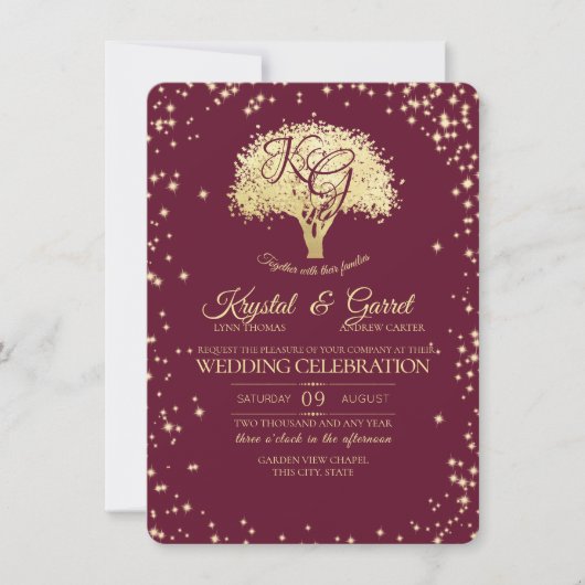 Hochzeit von Burgund und Goldbaum und Sparkle Einladung (Vorderseite)