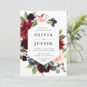 Hochzeit von Burgund und Marineblau Einladung (Stehend Vorderseite)