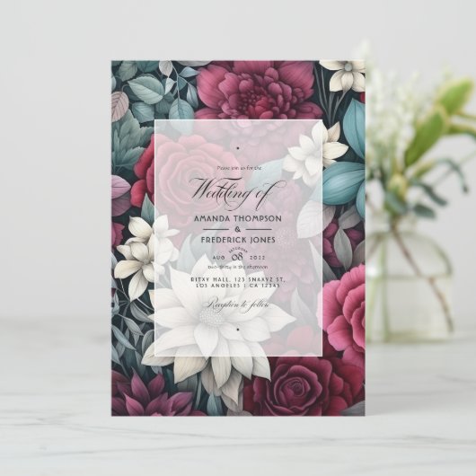 Hochzeit von Burgund, Waldgrün und Holzkohle Einladung (Stehend Vorderseite)