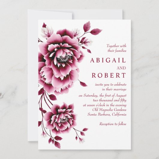 Hochzeit von Burgunder und Rosa Blume Einladung (Vorderseite)