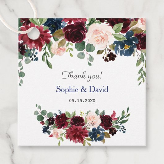 Hochzeit von Burgundy Blush Blue Flowers Geschenkanhänger (Vorderseite)