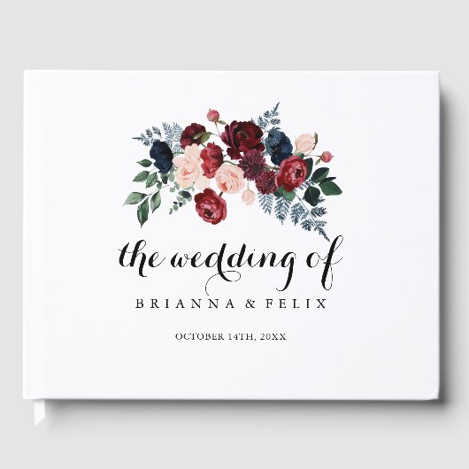 Hochzeit von Burgundy Pink Navy und Blumenkalligra Gästebuch (Vorderseite)