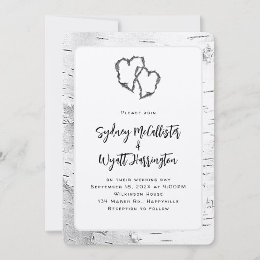Hochzeit von Carved Hearts White Birch Tree Einladung (Vorderseite)