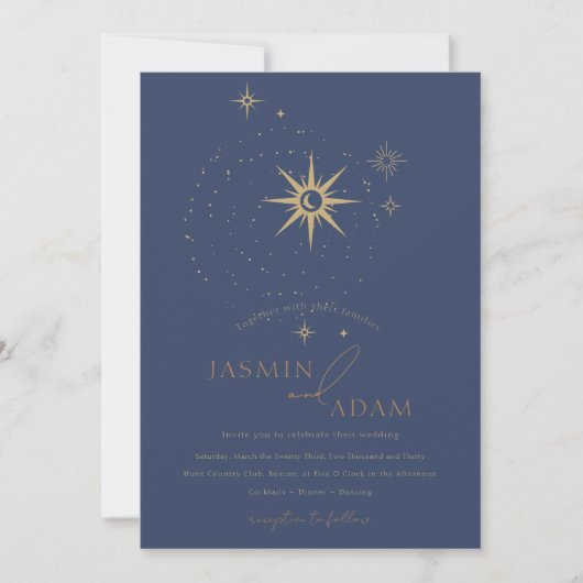 Hochzeit von Celestial Gold und Navy Blue Stars Einladung (Vorderseite)
