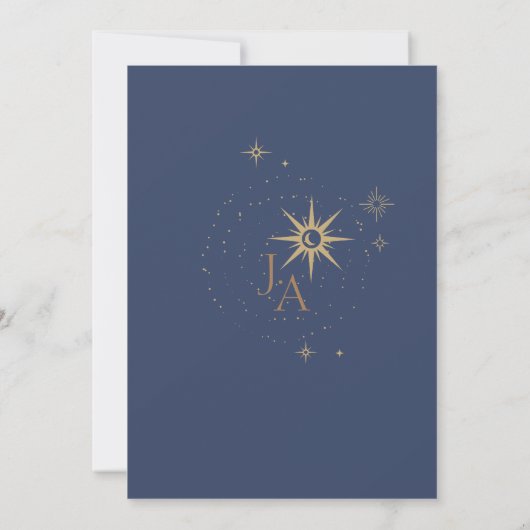 Hochzeit von Celestial Gold und Navy Blue Stars Einladung (Rückseite)