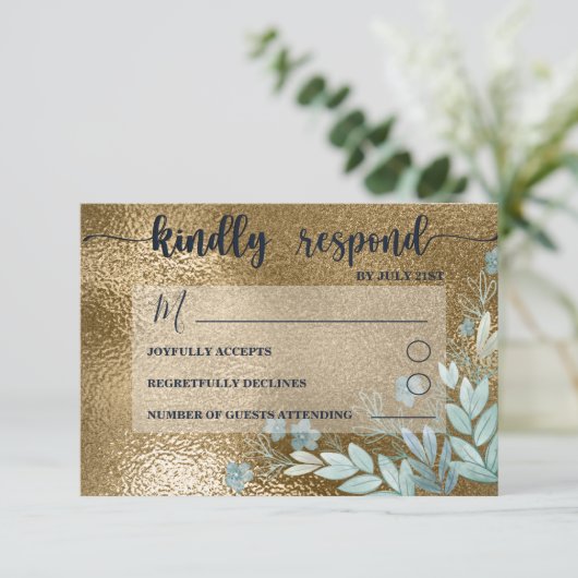 Hochzeit von Chic UAWG Navy und Gold Foliage RSVP Karte (Stehend Vorderseite)